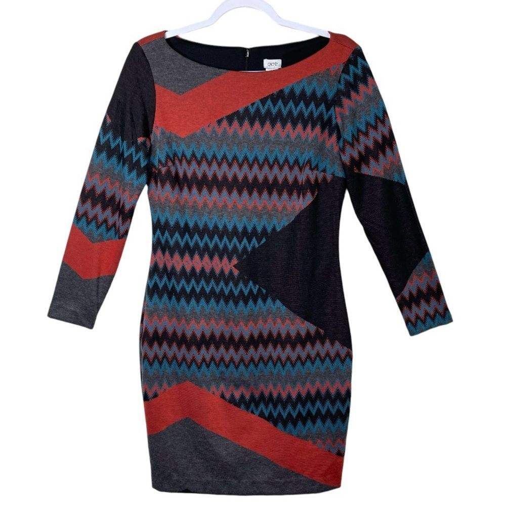 Cache Multicolor Sweater Dress Size 8 Career Abstract Chevron Aztec Mixed Print